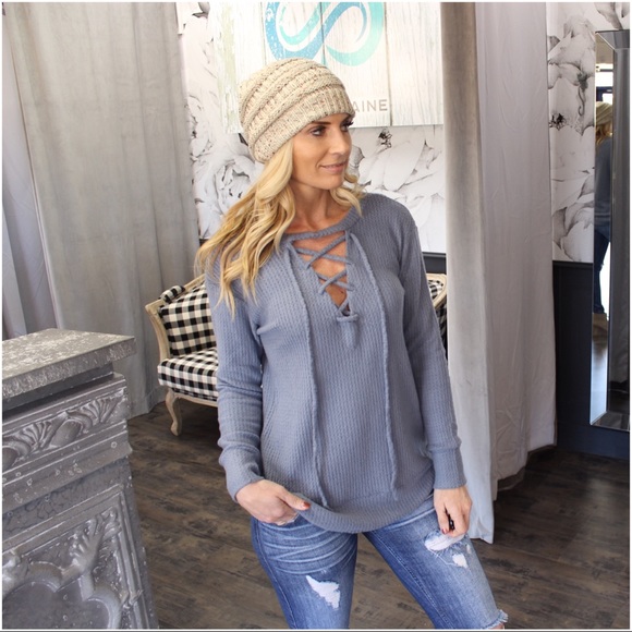 Blue Ultra Soft Waffle Knit Lace Up Tunic - Picture 4 of 6